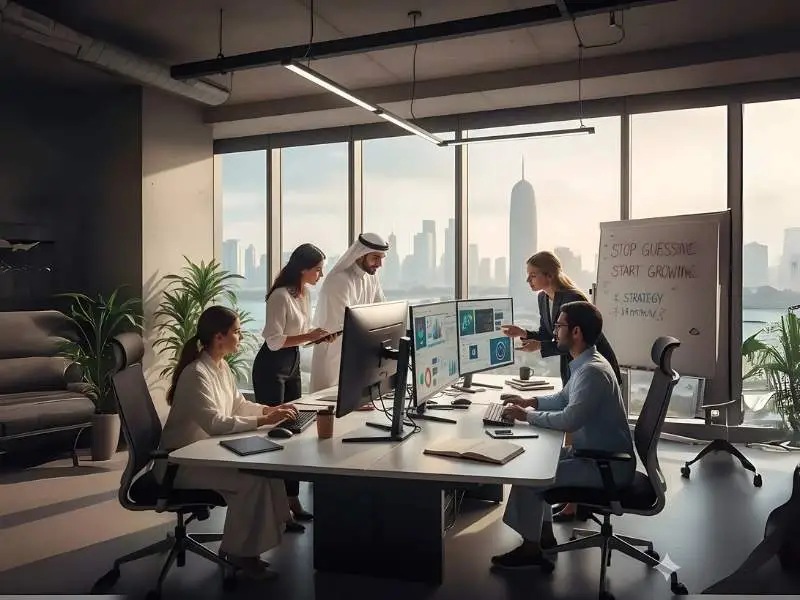 A team of digital marketing experts in Qatar collaborating around a table with charts and graphs.