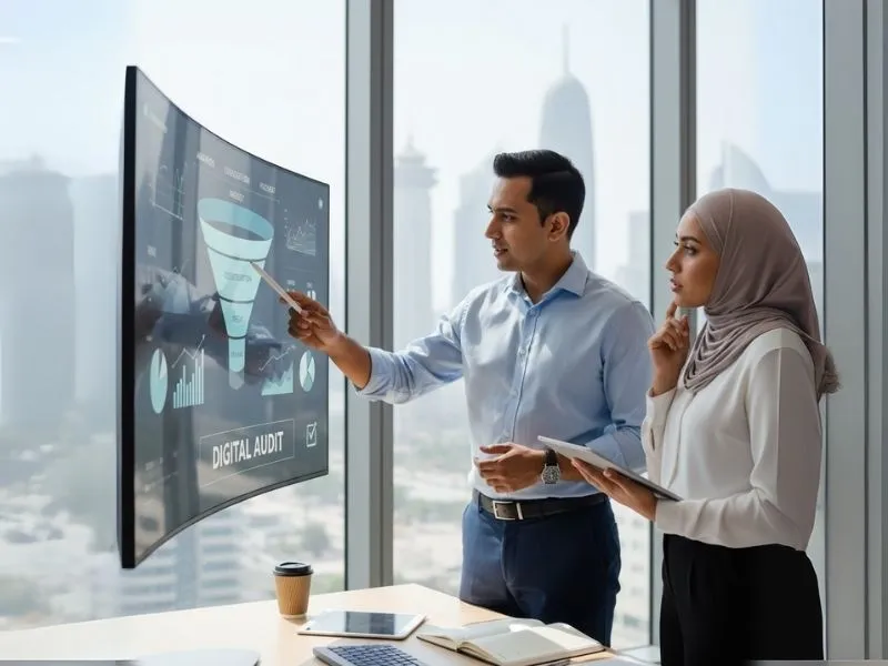 A digital marketing consultant presenting a strategy roadmap on a screen in a modern office in Doha.